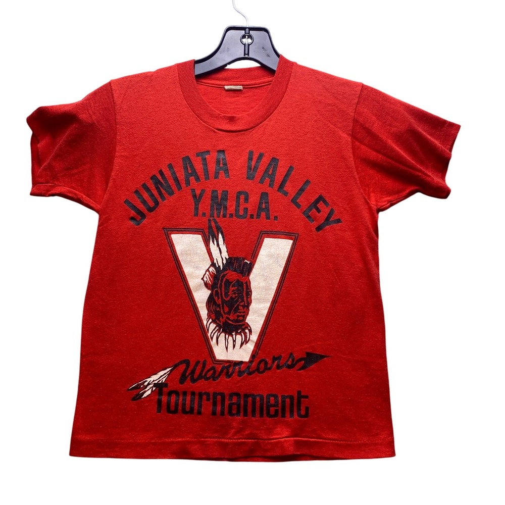 Vintage‎ YMCA Shirt Boys Medium Red Warrior Spell Out Single Stitch Screen Stars